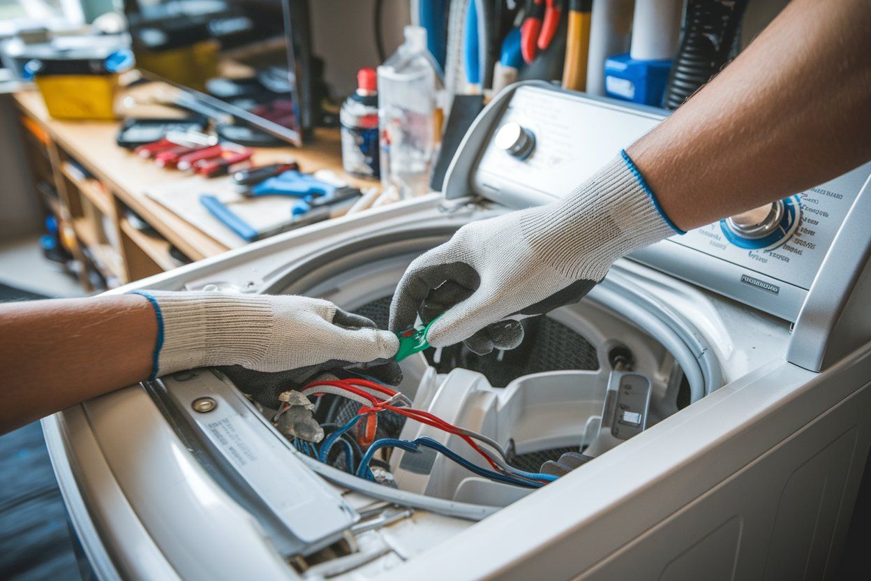 A person is fixing a washing machine in a laundry room.