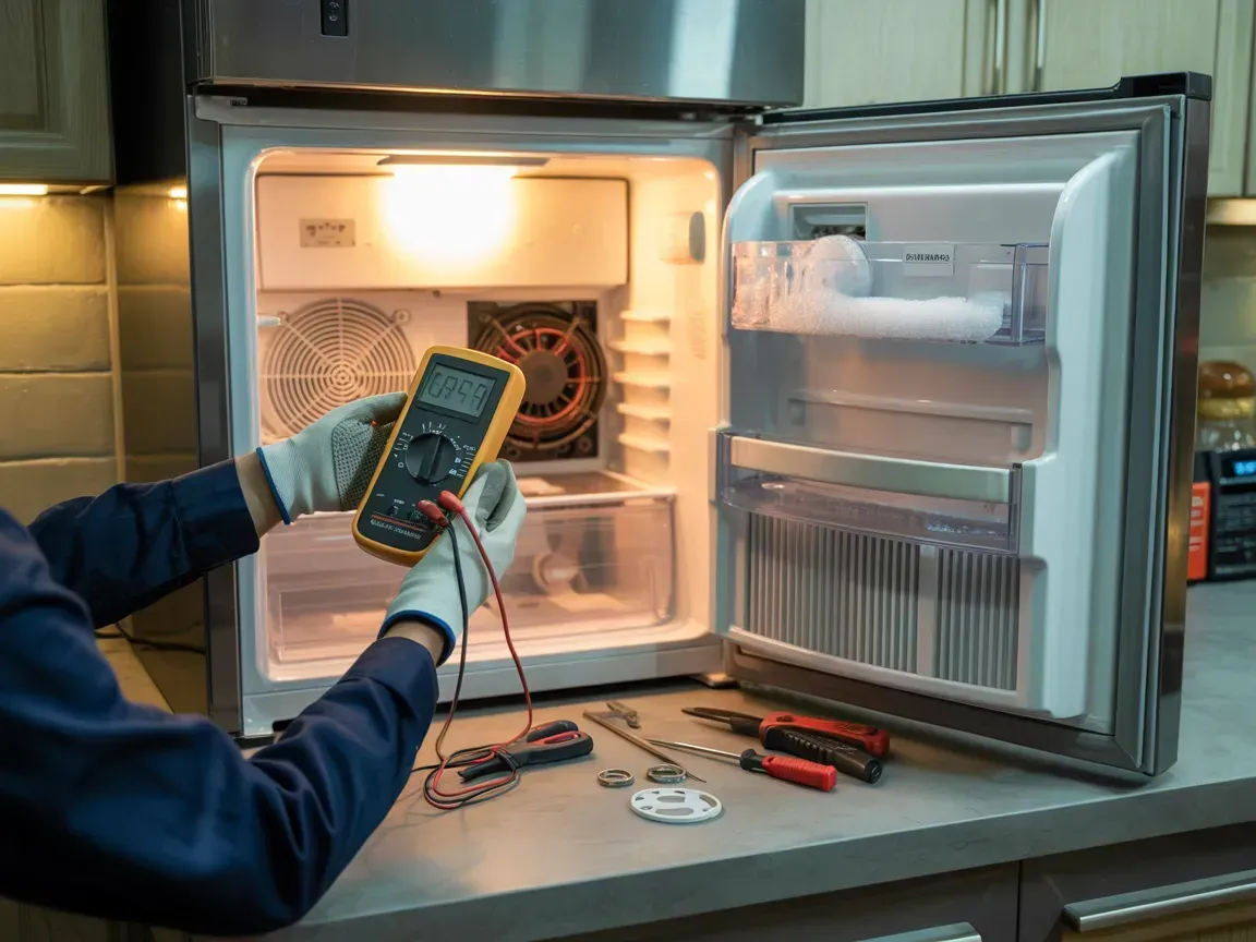 Person uses multimeter to test refrigerator components; tools are on the counter.