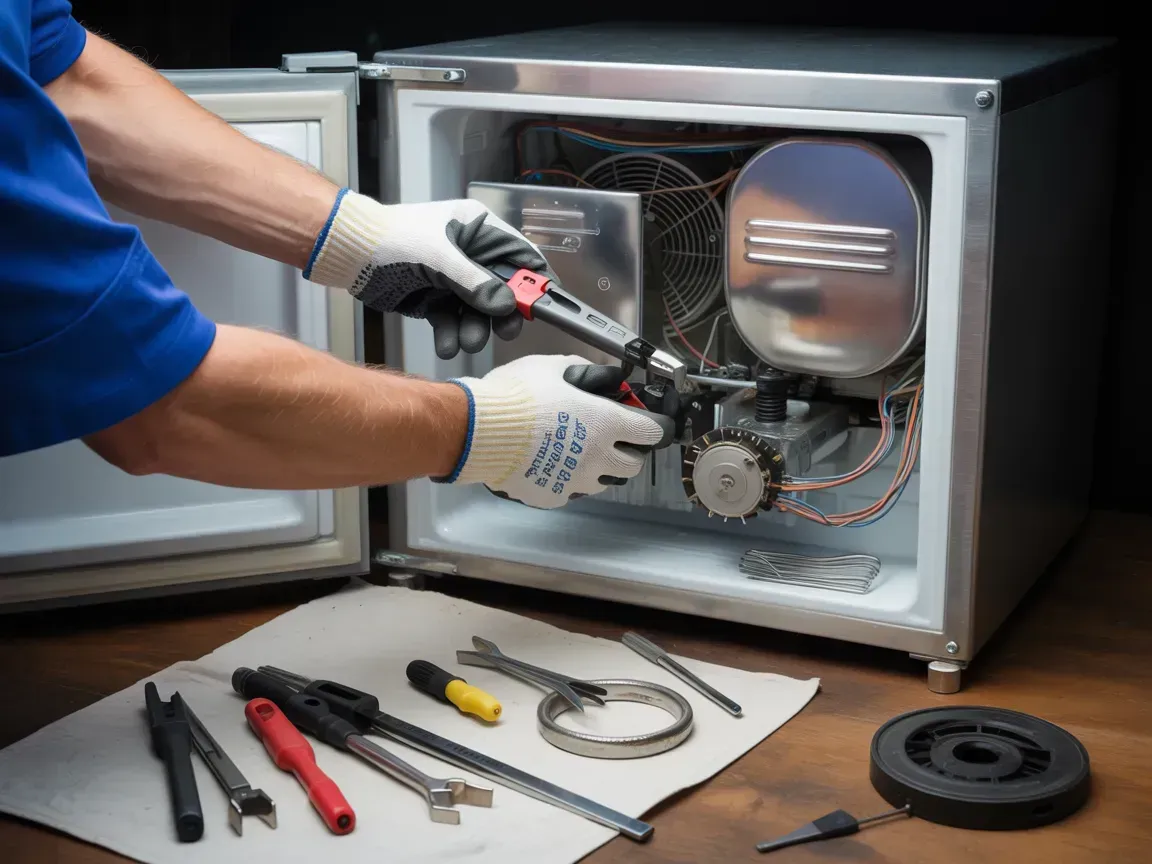 Person repairs appliance with tools, wearing gloves. Inside unit, tools laid out.