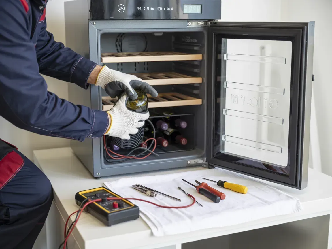 Person repairing wine cooler, holding a bottle. Tools and wine bottles are visible.