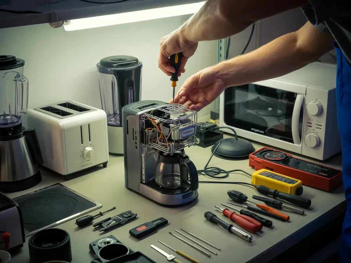 Person repairing a coffee maker with a screwdriver, surrounded by tools and small appliances on a workbench.