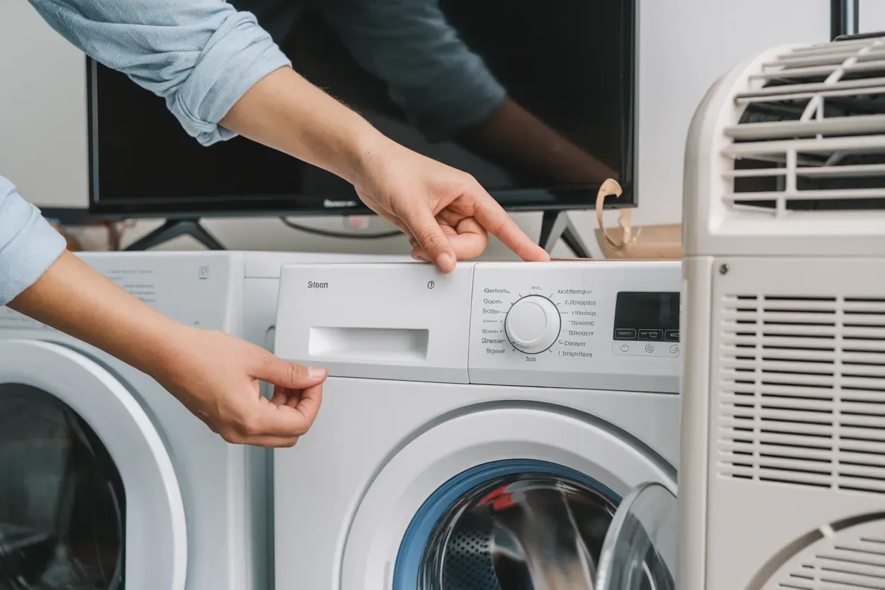 A person is pressing a button on a washing machine.