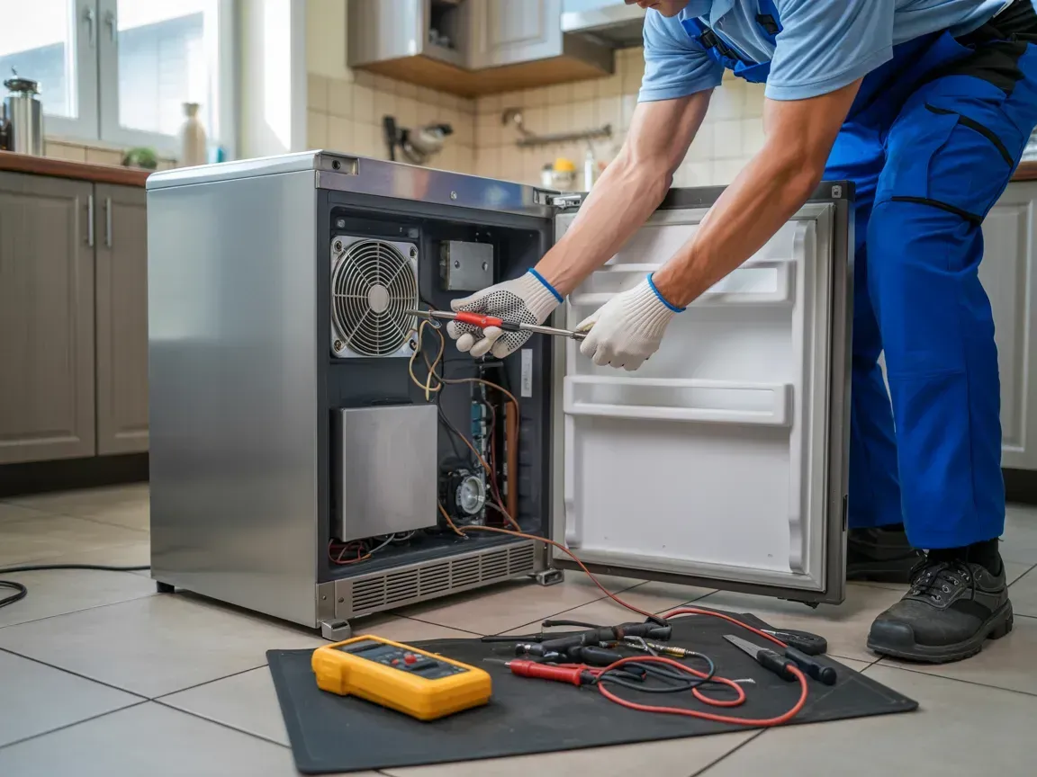 Refrigerator repair technician working with tools inside an appliance. Kitchen setting.