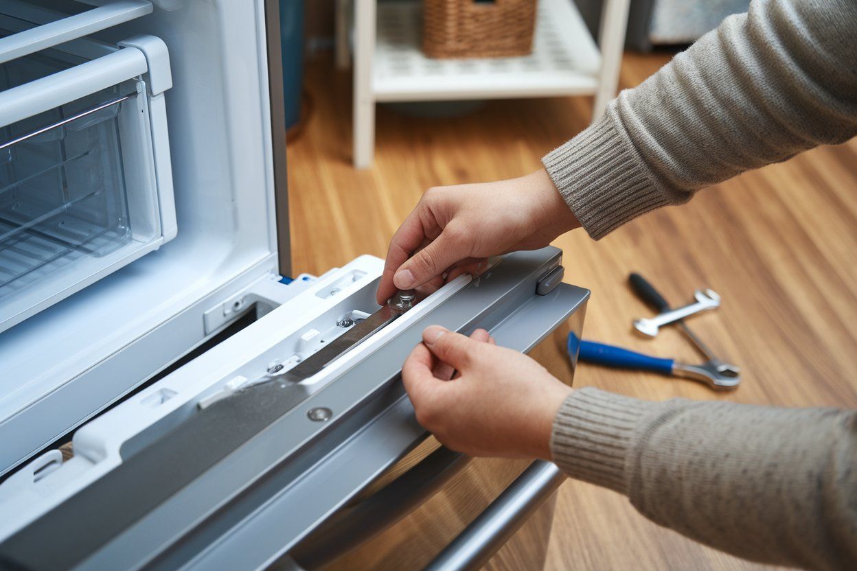 A person is fixing a refrigerator in a kitchen.