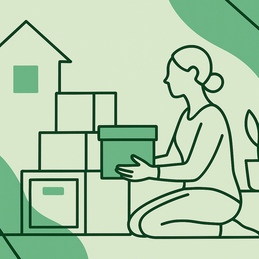 A minimalist line art illustration in green tones showing a woman kneeling next to a stack of storag