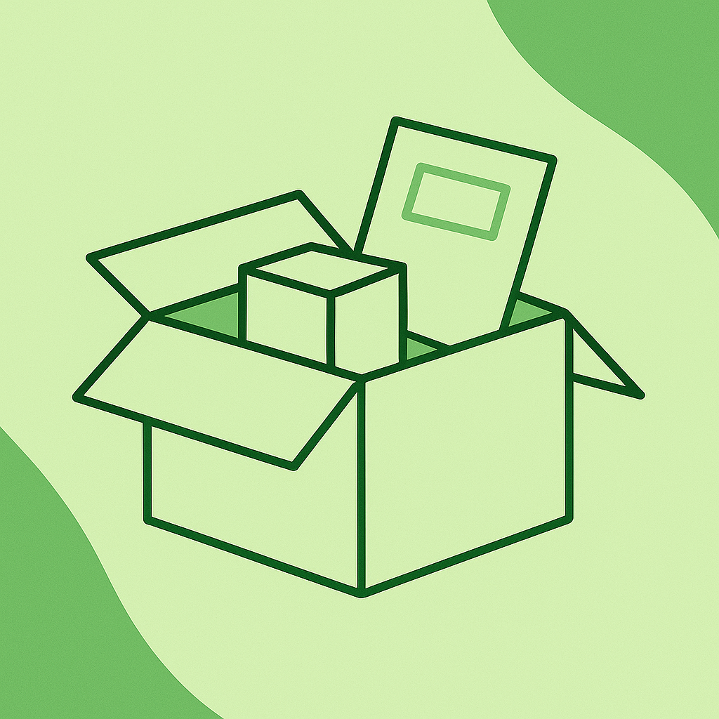 Minimalist green line art illustration of an open cardboard box with smaller boxes