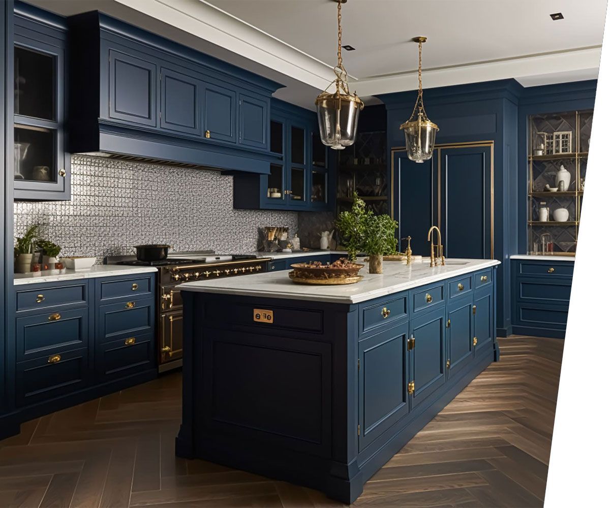 Dark blue kitchen decor, interior design and house improvement, classic English in frame kitchen cabinets, countertop and applience in a country house, generative ai