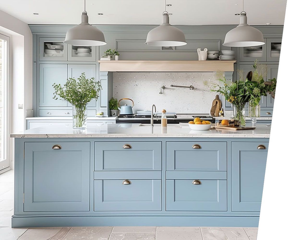 Pale blue kitchen cabinets with soft gray island and soft gray pendant lights.