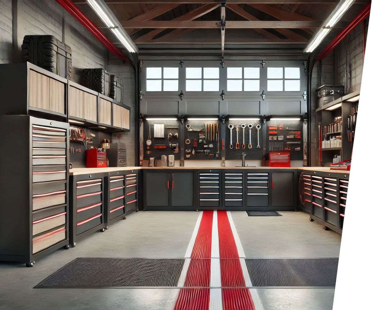 Modern, organized garage workshop with tools neatly arranged and storage cabinets