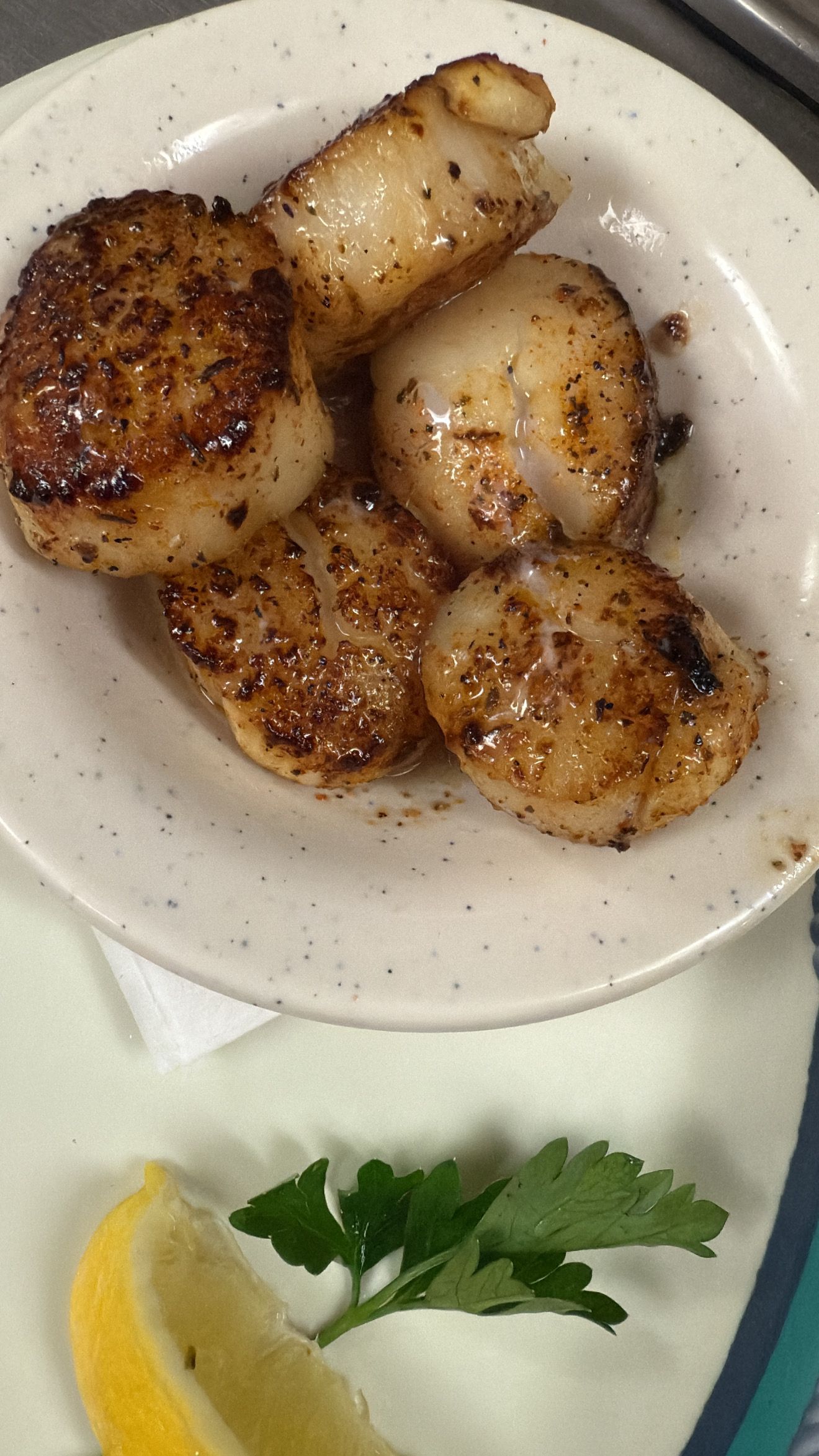 Seared scallops in a white bowl, garnished with lemon and parsley. At High Tide Harry's