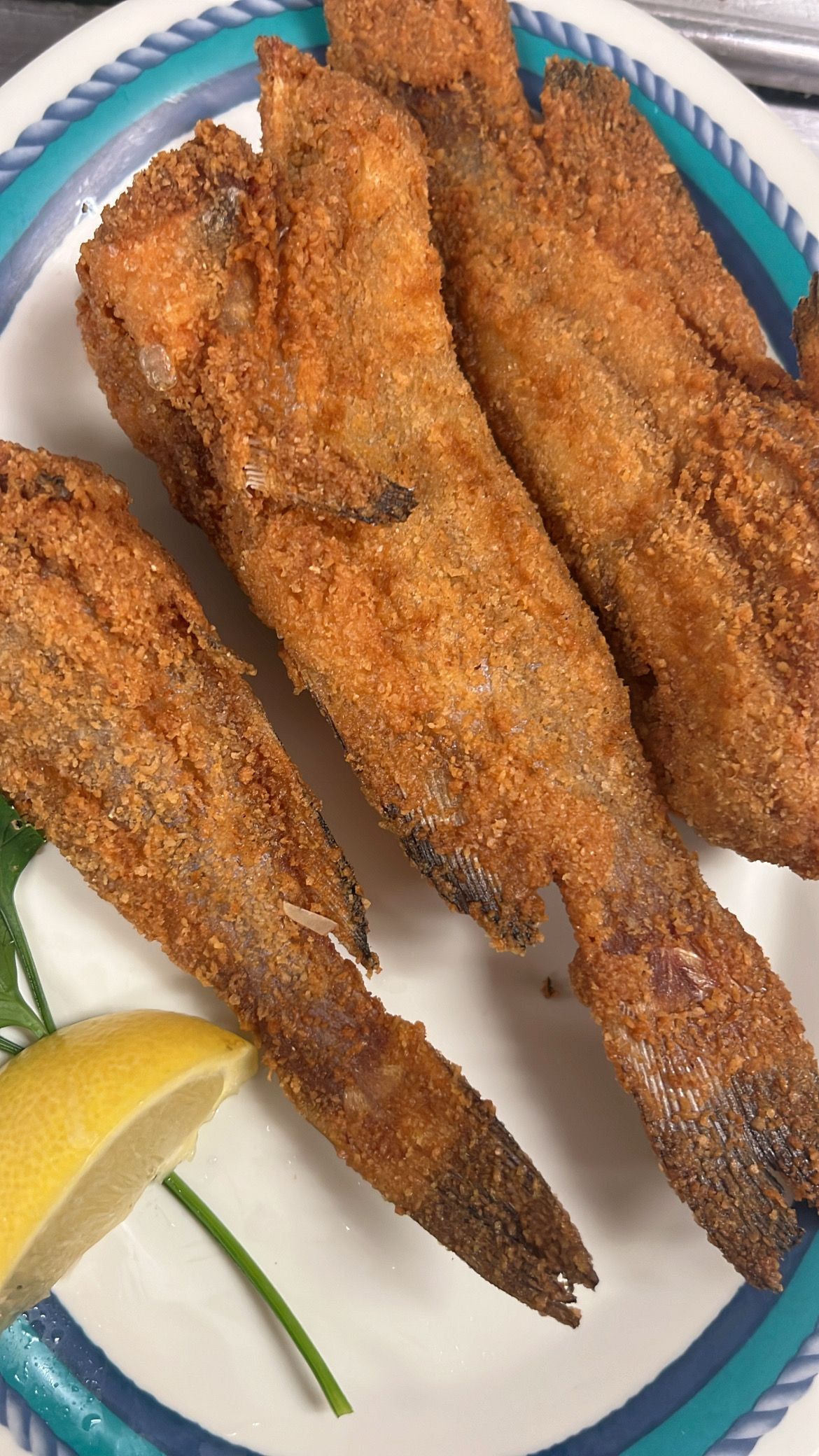 Fried fish on a plate with lemon and parsley; golden brown, crispy texture. At High Tide Harry's