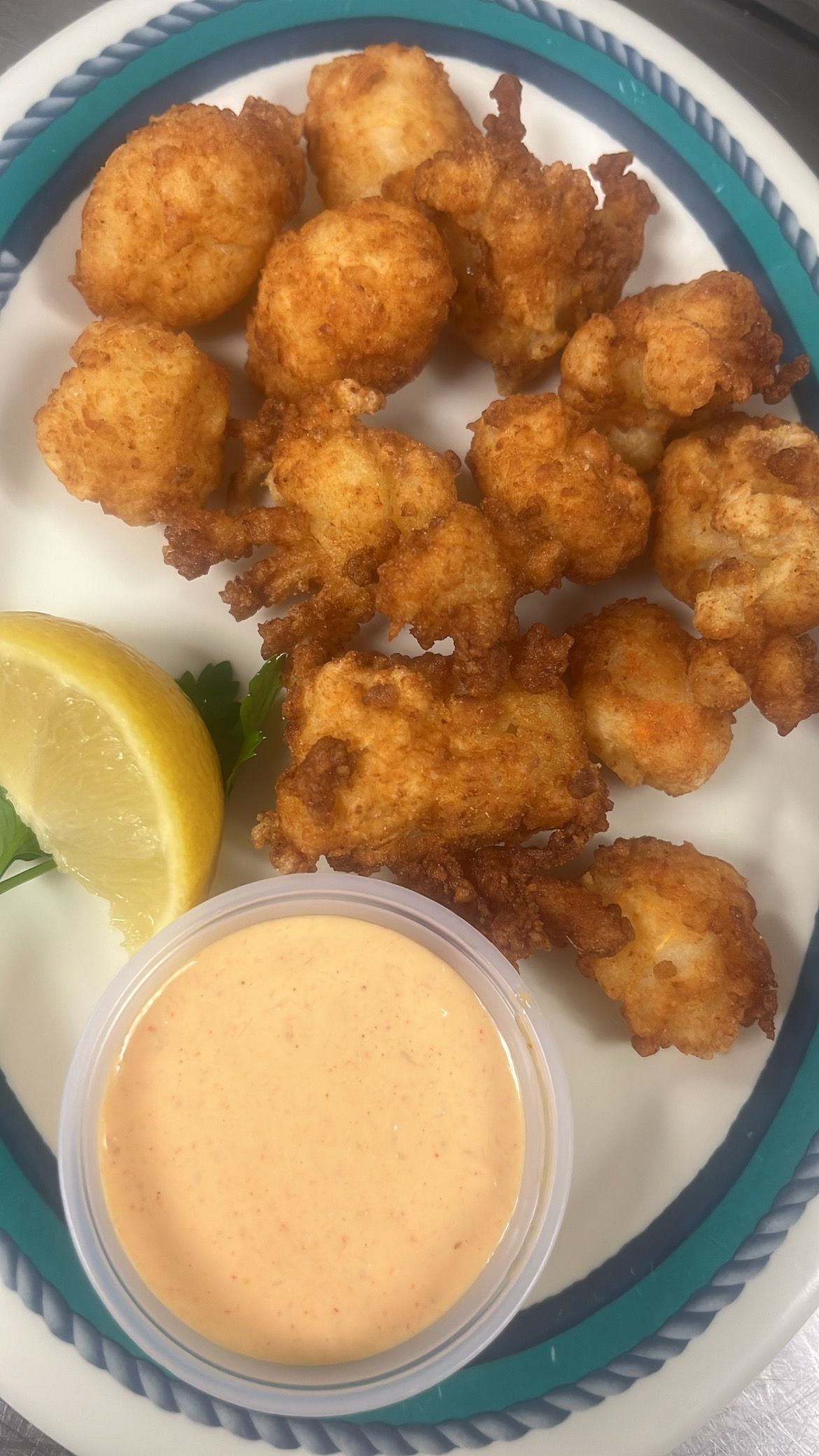 Fried food with dipping sauce, lemon wedge, and garnish on a plate. At High Tide Harry's