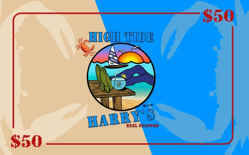 High Tide Harry's Seafood restaurant gift card with crab and ocean imagery, $50 value.