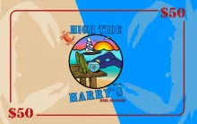 High Tide Harry's Seafood restaurant gift card with crab and ocean imagery, $50 value.