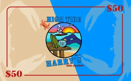 High Tide Harry's Seafood restaurant gift card with crab and ocean imagery, $50 value.