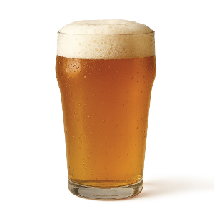 Pint glass of amber beer with a frothy white head; condensation on the glass.