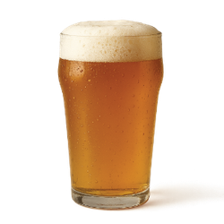 Pint glass of amber beer with a frothy white head; condensation on the glass.