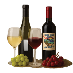 Wine bottles and glasses with grapes, on a rustic mat.