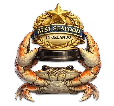 Crab holding a trophy labeled 