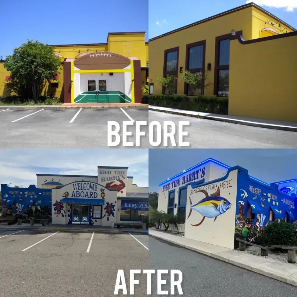 Before/after photos of a building. The first is yellow, the second is blue and white with painted murals.