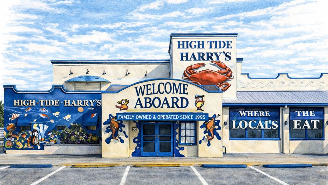 High Tide Harry's restaurant exterior with blue and white facade, crab sign, and 