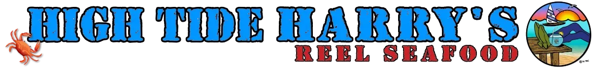 Logo for High Tide Harry's Reel Seafood; Blue text with crab and colorful globe emblem.