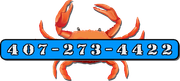 Orange crab with blue phone number bar: 407-273-4422 to Call High Tide Harry's Restaurant