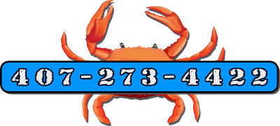 Orange crab with blue phone number bar: 407-273-4422 to Call High Tide Harry's Restaurant