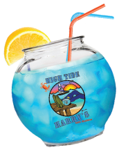 Blue cocktail in fishbowl glass with orange slice and straws; Harry's High Tide logo.