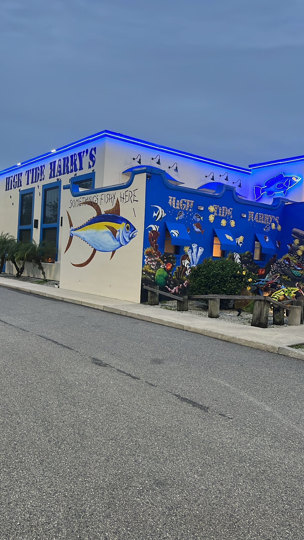 High Tide Harry's Building with a blue and white mural of a fish, illuminated by blue lights.