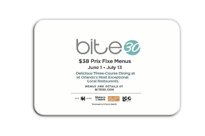 Bite 300 event flyer with dates, menu details, and sponsor logos on a white card