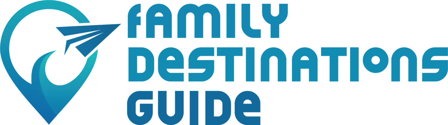 Logo for Family Destinations Guide with a blue pin graphic and text.