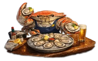 Crab in an apron, serving a platter of oysters, beer, and sauce.