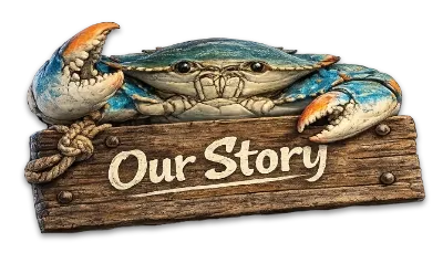 Blue crab over a wooden sign that reads 