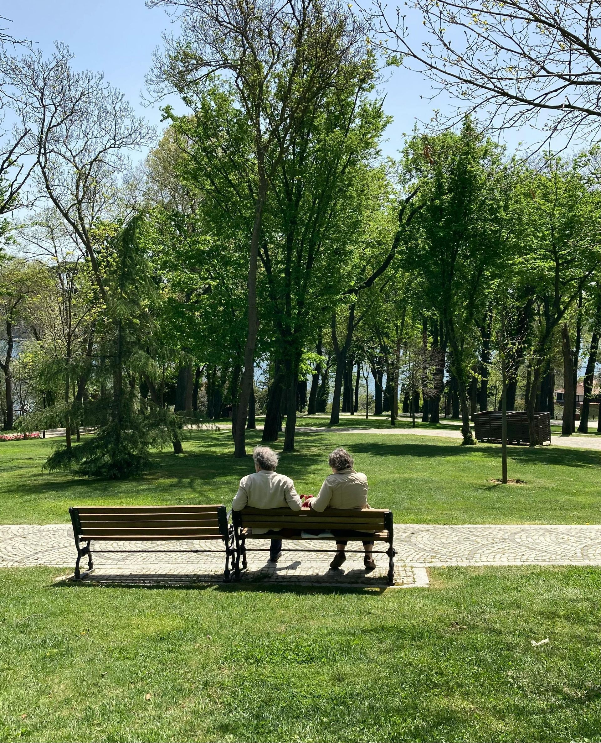 Pareja sentada en una banca rodeada de árboles, idea de qué hacer con tu pareja en Bogotá.