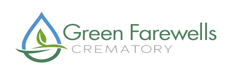 The logo for green farewells crematory is a water drop with a leaf on it.