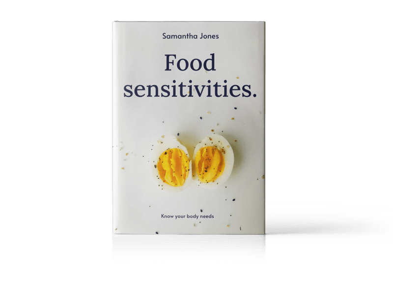 Book cover titled “Food sensitivities” with a white background and a halved boiled egg illustration.