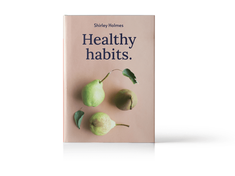 Book cover titled “Healthy habits” with green pears on a beige background.