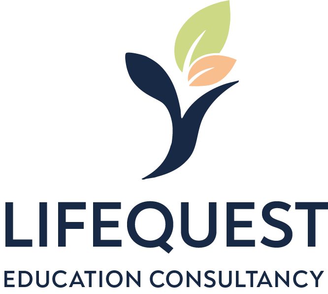 LIFEQUEST Education Consultancy logo with a stylized blue and green leaf figure