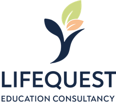 LIFEQUEST Education Consultancy logo with a stylized blue and green leaf figure