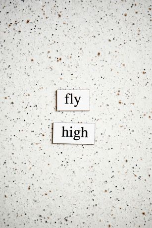 Two paper labels reading “fly” and “high” on a speckled white background