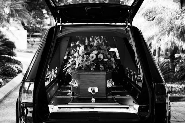 A hearse with casket for a funeral service in Rocky Mount, VA