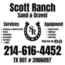 Scott Ranch Sand & Gravel services and equipment advertisement with phone number and social media icons.