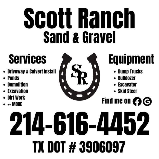 Scott Ranch Sand & Gravel services and equipment advertisement with phone number and social media icons.
