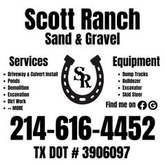 Scott Ranch Sand & Gravel services and equipment advertisement with phone number and social media icons.