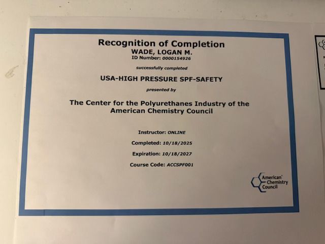 Certificate of completion for USA-High Pressure SPF-Safety course, completed by Logan Wade.