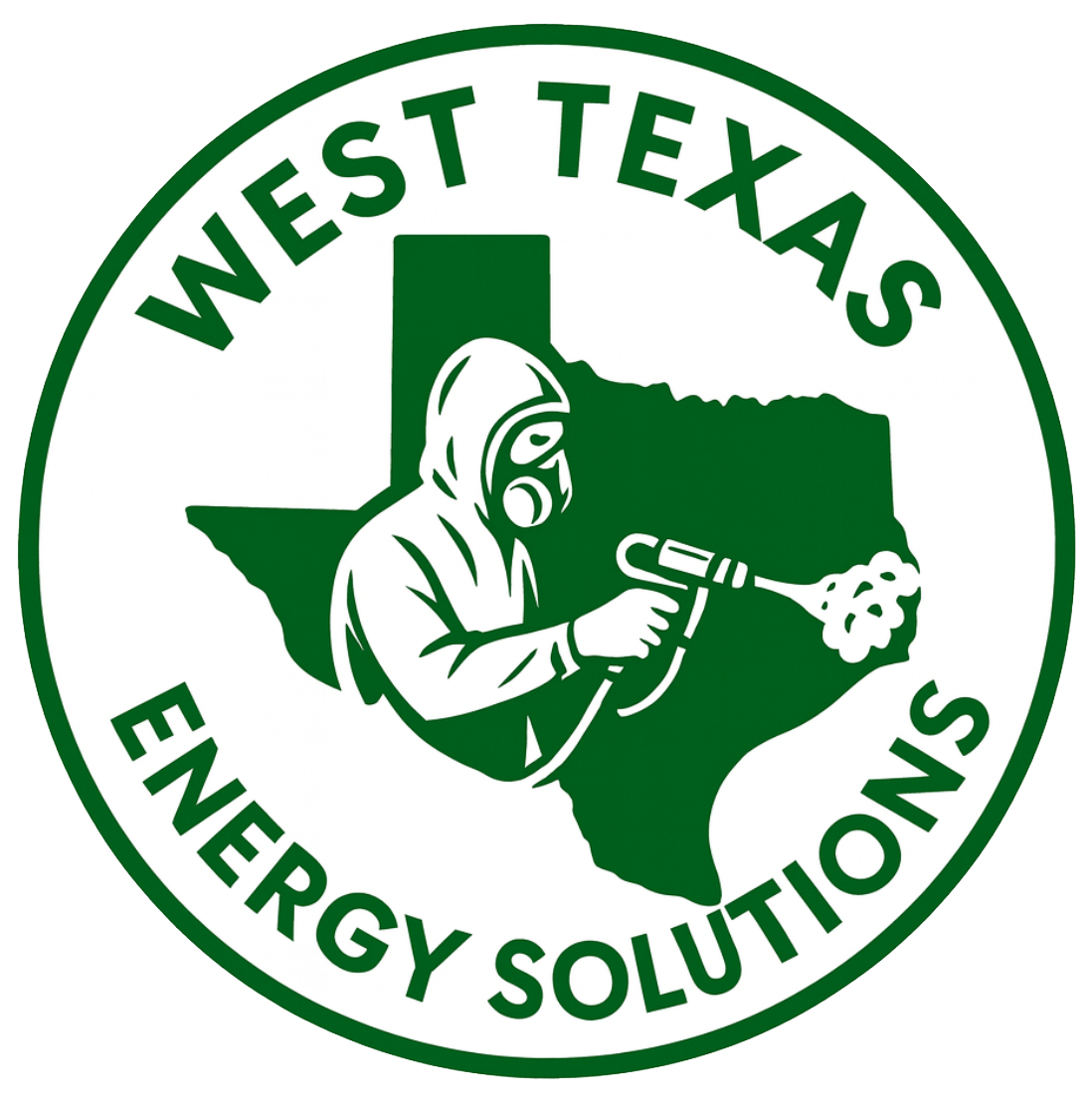 Green logo: Person in hazmat suit spraying in front of the Texas outline, "West Texas Energy Solutions."
