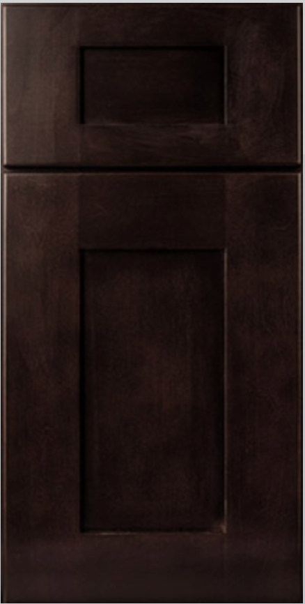 Dark brown stained wooden cabinet door with recessed panel.