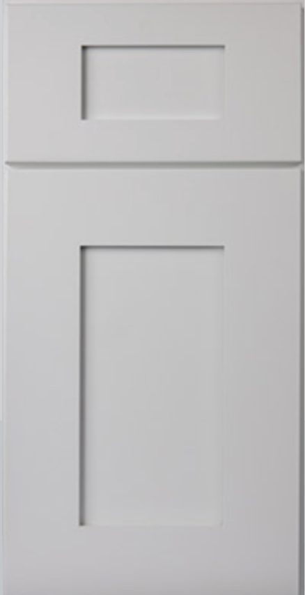 White cabinet door with recessed panel and rectangular inset at top.