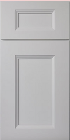 Gray kitchen cabinet door with recessed panel and upper rectangular detail.